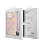 Apple iPhone 15 Pro Max Kılıf Guess Orjinal Lisanslı Desenli Yazı Logolu Askı İpli Holografik Glitter Peony Kapak
