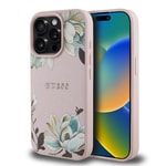 Apple iPhone 15 Pro Max Kılıf Guess Orjinal Lisanslı M-safe Şarj Özellikli Taneli Çiçek Tasarımlı Metal Yazı Logolu Kapak