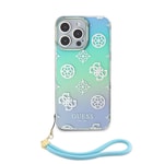 Apple iPhone 15 Pro Max Kılıf Guess Orjinal Lisanslı Desenli Yazı Logolu Askı İpli Holografik Glitter Peony Kapak