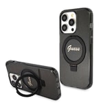 Apple iPhone 15 Pro Max Kılıf Guess Orjinal Lisanslı M-safe Şarj Özellikli Simli Arka Yüzey Ring Standlı Kapak