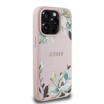 Apple iPhone 15 Pro Max Kılıf Guess Orjinal Lisanslı M-safe Şarj Özellikli Taneli Çiçek Tasarımlı Metal Yazı Logolu Kapak
