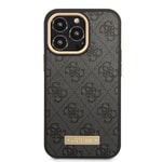 Apple iPhone 15 Pro Max Kılıf Guess Orjinal Lisanslı M-safe Şarj Özellikli 4G Desenli PU Metal Plaka Klasik Logolu Kapak