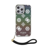 Apple iPhone 15 Pro Max Kılıf Guess Orjinal Lisanslı Desenli Yazı Logolu Askı İpli Holografik Glitter Peony Kapak