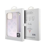 Apple iPhone 15 Pro Max Kılıf Guess Orjinal Lisanslı Desenli Yazı Logolu Askı İpli Holografik Glitter Peony Kapak