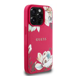 Apple iPhone 15 Pro Max Kılıf Guess Orjinal Lisanslı M-safe Şarj Özellikli Taneli Çiçek Tasarımlı Metal Yazı Logolu Kapak