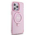 Apple iPhone 15 Pro Max Kılıf Guess Orjinal Lisanslı M-safe Şarj Özellikli Simli Arka Yüzey Ring Standlı Kapak
