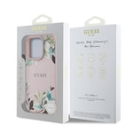 Apple iPhone 15 Pro Max Kılıf Guess Orjinal Lisanslı M-safe Şarj Özellikli Taneli Çiçek Tasarımlı Metal Yazı Logolu Kapak