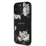 Apple iPhone 15 Pro Max Kılıf Guess Orjinal Lisanslı M-safe Şarj Özellikli Taneli Çiçek Tasarımlı Metal Yazı Logolu Kapak
