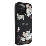 Apple iPhone 15 Pro Max Kılıf Guess Orjinal Lisanslı M-safe Şarj Özellikli Taneli Çiçek Tasarımlı Metal Yazı Logolu Kapak