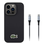 Apple iPhone 15 Pro Max Kılıf Lacoste Orjinal Lisanslı PU Pike Desenli Arka Yüzey İkonik Timsah Dokuma Logolu Kapak + Type-C Kablo 1.5m