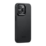 Apple iPhone 15 Pro Max Kılıf M-safe Şarj Özellikli 600D Aramid Fiber Pitaka Military-Grade Classic Serisi Black-Grey Twill Kapak