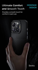 Apple iPhone 15 Pro Max Kılıf M-safe Şarj Özellikli Karbon Fiber Benks Montage Hybrid ArmorPro Kevlar Kapak