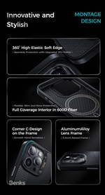 Apple iPhone 15 Pro Max Kılıf M-safe Şarj Özellikli Karbon Fiber Benks Montage Hybrid ArmorPro Kevlar Kapak