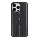 Apple iPhone 15 Pro Max Kılıf Mercedes Benz Orjinal Lisanslı M-safe Şarj Özellikli Baskı Logolu Paralel Çizgi Desenli Deri Kapak