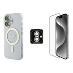 Apple iPhone 16 Guess Orjinal Lisanslı 3'lü Aksesuar Seti IML Baskılı Simli Glitter Kılıf + Ekran Koruyucu + Lens Koruyucu