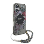 Apple iPhone 16 Kılıf Guess Orjinal Lisanslı M-safe Şarj Özellikli IML Baskılı Çiçek İnci Bileklikli Kapak