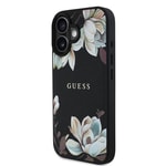 Apple iPhone 16 Kılıf Guess Orjinal Lisanslı M-safe Şarj Özellikli Taneli Çiçek Tasarımlı Metal Yazı Logolu Kapak