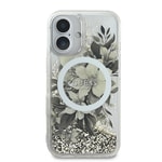 Apple iPhone 16 Kılıf Guess Orjinal Lisanslı M-safe Şarj Özellikli Sıvılı Simli Çiçek Desenli Kapak