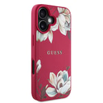 Apple iPhone 16 Kılıf Guess Orjinal Lisanslı M-safe Şarj Özellikli Taneli Çiçek Tasarımlı Metal Yazı Logolu Kapak