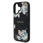 Apple iPhone 16 Kılıf Guess Orjinal Lisanslı M-safe Şarj Özellikli Taneli Çiçek Tasarımlı Metal Yazı Logolu Kapak