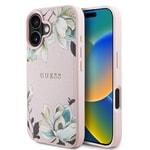 Apple iPhone 16 Kılıf Guess Orjinal Lisanslı M-safe Şarj Özellikli Taneli Çiçek Tasarımlı Metal Yazı Logolu Kapak