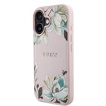 Apple iPhone 16 Kılıf Guess Orjinal Lisanslı M-safe Şarj Özellikli Taneli Çiçek Tasarımlı Metal Yazı Logolu Kapak