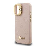 Apple iPhone 16 Kılıf Guess Orjinal Lisanslı M-safe Şarj Özellikli Sıcak Baskılı Yazı Logolu Kamera Standlı PU Deri Peony Kapak