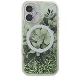 Apple iPhone 16 Kılıf Guess Orjinal Lisanslı M-safe Şarj Özellikli Sıvılı Simli Çiçek Desenli Kapak