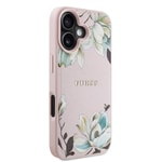 Apple iPhone 16 Kılıf Guess Orjinal Lisanslı M-safe Şarj Özellikli Taneli Çiçek Tasarımlı Metal Yazı Logolu Kapak