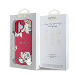 Apple iPhone 16 Kılıf Guess Orjinal Lisanslı M-safe Şarj Özellikli Taneli Çiçek Tasarımlı Metal Yazı Logolu Kapak