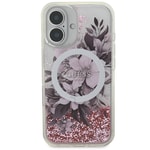 Apple iPhone 16 Kılıf Guess Orjinal Lisanslı M-safe Şarj Özellikli Sıvılı Simli Çiçek Desenli Kapak