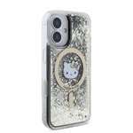 Apple iPhone 16 Kılıf Hello Kitty Orjinal Lisanslı M-safe Şarj Özellikli IML Baskı Kitty Head Logolu Sıvılı Simli Altın Ateşi Kapak