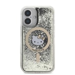 Apple iPhone 16 Kılıf Hello Kitty Orjinal Lisanslı M-safe Şarj Özellikli IML Baskı Kitty Head Logolu Sıvılı Simli Altın Ateşi Kapak