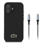 Apple iPhone 16 Kılıf Lacoste Orjinal Lisanslı PU Pike Desenli Arka Yüzey İkonik Timsah Dokuma Logolu Kapak + Type-C Kablo 1.5m