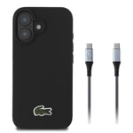 Apple iPhone 16 Kılıf Lacoste Orjinal Lisanslı PU Pike Desenli Arka Yüzey İkonik Timsah Dokuma Logolu Kapak + Type-C Kablo 1.5m