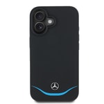 Apple iPhone 16 Kılıf Mercedes Benz Orjinal Lisanslı M-safe Şarj Özellikli 3D Metal Logolu Mavi Yatay Eğri Çizgili Deri Kapak