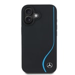 Apple iPhone 16 Kılıf Mercedes Benz Orjinal Lisanslı M-safe Şarj Özellikli 3D Metal Logolu Mavi Dikey Eğri Çizgili Deri Kapak