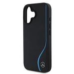 Apple iPhone 16 Kılıf Mercedes Benz Orjinal Lisanslı M-safe Şarj Özellikli 3D Metal Logolu Mavi Dikey Eğri Çizgili Deri Kapak