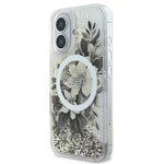 Apple iPhone 16 Plus Kılıf Guess Orjinal Lisanslı M-safe Şarj Özellikli Sıvılı Simli Çiçek Desenli Kapak