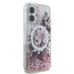 Apple iPhone 16 Plus Kılıf Guess Orjinal Lisanslı M-safe Şarj Özellikli Sıvılı Simli Çiçek Desenli Kapak