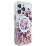 Apple iPhone 16 Pro Kılıf Guess Orjinal Lisanslı M-safe Şarj Özellikli Sıvılı Simli Çiçek Desenli Kapak