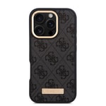 Apple iPhone 16 Pro Kılıf Guess Orjinal Lisanslı M-safe Şarj Özellikli 4G Desenli PU Metal Plaka Klasik Logolu Kapak