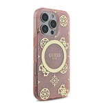 Apple iPhone 16 Pro Kılıf Guess Orjinal Lisanslı M-safe Şarj Özellikli Sıcak Baskılı Yazı Logolu Kamera Standlı PU Deri Peony Kapak