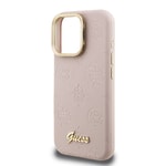 Apple iPhone 16 Pro Kılıf Guess Orjinal Lisanslı M-safe Şarj Özellikli Sıcak Baskılı Yazı Logolu Kamera Standlı PU Deri Peony Kapak
