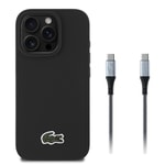 Apple iPhone 16 Pro Kılıf Lacoste Orjinal Lisanslı PU Pike Desenli Arka Yüzey İkonik Timsah Dokuma Logolu Kapak + Type-C Kablo 1.5m