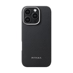 Apple iPhone 16 Pro Kılıf M-safe Şarj Özellikli 600D Aramid Fiber Pitaka Ultra-Slim Classic Serisi Black-Grey Twill Kapak