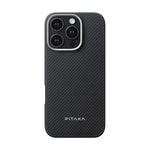 Apple iPhone 16 Pro Kılıf M-safe Şarj Özellikli 600D Aramid Fiber Pitaka Ultra-Slim Classic Serisi Black-Grey Twill Kapak
