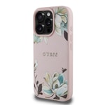Apple iPhone 16 Pro Max Kılıf Guess Orjinal Lisanslı M-safe Şarj Özellikli Taneli Çiçek Tasarımlı Metal Yazı Logolu Kapak