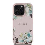 Apple iPhone 16 Pro Max Kılıf Guess Orjinal Lisanslı M-safe Şarj Özellikli Taneli Çiçek Tasarımlı Metal Yazı Logolu Kapak