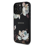 Apple iPhone 16 Pro Max Kılıf Guess Orjinal Lisanslı M-safe Şarj Özellikli Taneli Çiçek Tasarımlı Metal Yazı Logolu Kapak